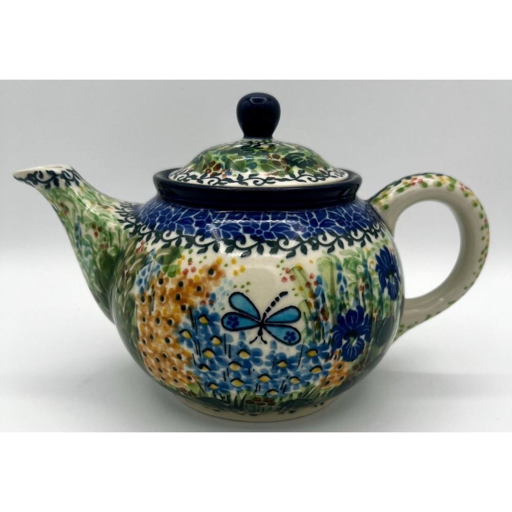 T. Liana Unikat 2380 Polish Pottery Spring Dragonfly Teapot Green & Blue EUC